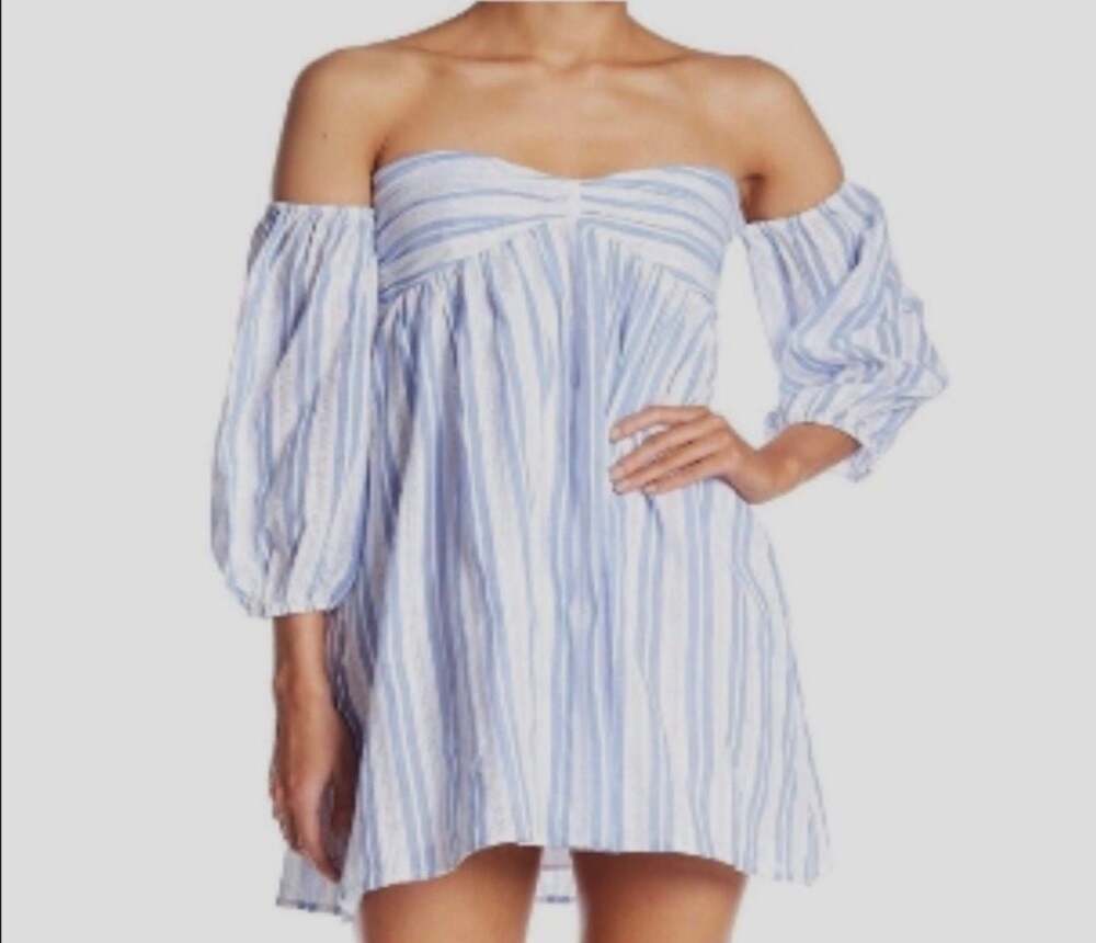 Romeo & Juliet Couture Blue Stripe Off Shoulder Babydoll Mini Dress Small